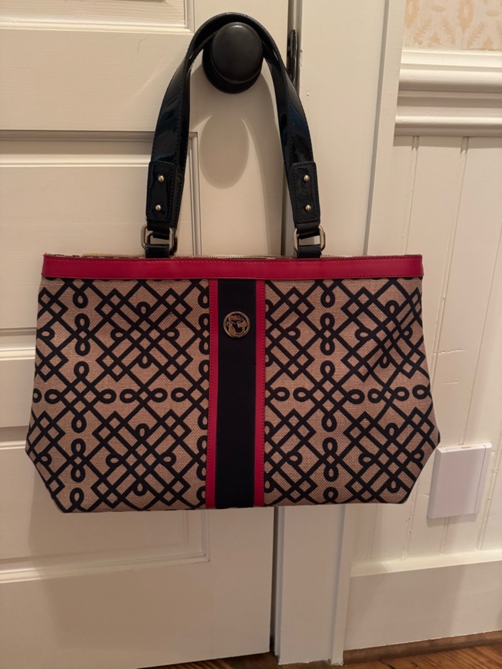 Spartina Tote with Red Trim and Navy Patent Handles